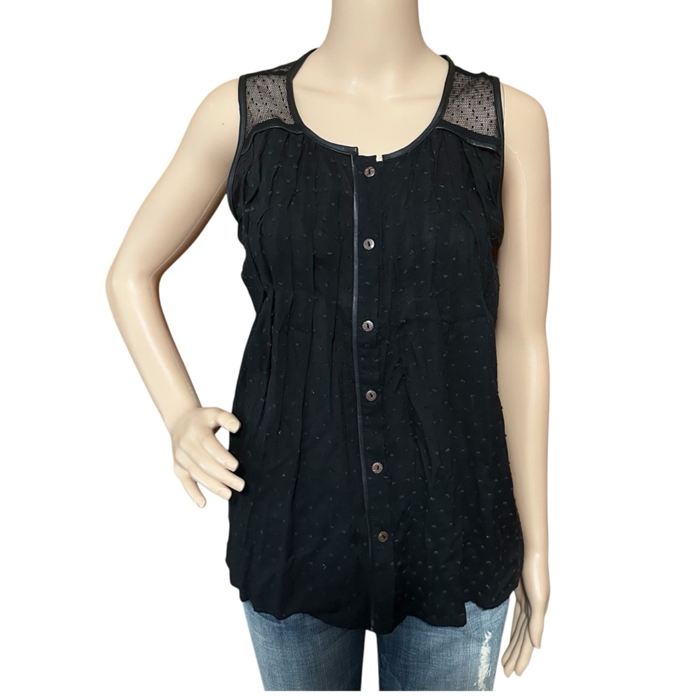 Miss Me Baby Doll Flowy Pleated Leather accent  sleeveless Top Women's Sz S